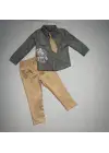 Omarı Elegan Keten Çocuk Takımı Uzun Kollu Pantolonlu Kahverengi 3lü Set