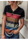 Omarı Çok Renkli V Yakalı Kadın Kısa Kollu Bluz