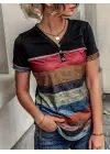 Omarı Çok Renkli V Yakalı Kadın Kısa Kollu Bluz