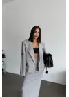 Omarı Kadın Gri Crop Ceket ve Etek Takımı