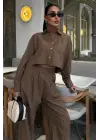 Omarı Şık ve Trend Crop Gömlekli Çizgili Takım