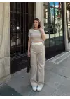 Omarı Bej Crop Pantolonlu Biyeli Takım