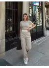 Omarı Bej Crop Pantolonlu Biyeli Takım