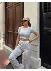 Crop pantolon biyeli takım gri