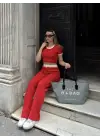 Crop pantolon biyeli takım kırmızı