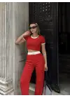 Crop pantolon biyeli takım kırmızı