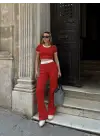 Omarı Kırmızı Crop Pantolon Biyeli Takım