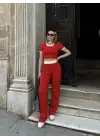 Omarı Kırmızı Crop Pantolon Biyeli Takım
