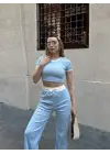 Crop pantolon biyeli takım mavi