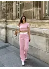 Crop pantolon biyeli takım pembe