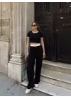 Crop pantolon biyeli takım siyah