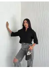 Omarı Siyah Crop Yakalı Üç Çeyrek Sleeve Gömlek