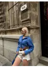 Omarı Mavi Crop Gömlek Yan Çift Kemer Detaylı Moda Parçası