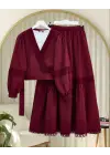 Dantel Detaylı Bağlamalı Kolu Lastikli Kraş Etekli Takım  -Bordo