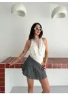 Dantel Detaylı Derin Dekolte Body Şık Kolsuz Yazlık Bodysuit - Beyaz