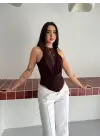 Dantel Detaylı Derin Dekolte Body Şık Kolsuz Yazlık Bodysuit - Kahvrenegi