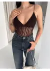 Dantel Detaylı Derin Dekolte Body Şık Kolsuz Yazlık Bodysuit - Kahvrenegi