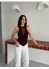 Dantel Detaylı Derin Dekolte Body Şık Kolsuz Yazlık Bodysuit - Kahvrenegi