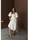 Omarı Dantelli Ekru Balon Kollu Elbise