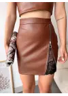 Dantelli fermuarlı deri etek kahve w24598
