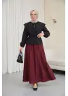 Dantelli Geniş Yakalı Bağcıklı Kolu Lastikli Poplin Gömlek  -Siyah