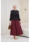 Dantelli Geniş Yakalı Bağcıklı Kolu Lastikli Poplin Gömlek  -Siyah