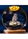 Dekoratif Baykuş Tasarımlı Ahşap Altlıklı Işıklı Cam Küre Büyük Boy 8cm