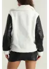 Deri garnili kuzu peluş mont beyaz t1220