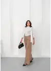 Deri geniş paça beli lastikli pantolon bej h263644