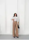 Deri geniş paça beli lastikli pantolon bej h263644