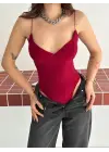 Derin Dekolte Askılı Body Sırt Dekolteli Şık Kolsuz Yazlık Bodysuit - Kırmızı