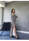Omarı Leopar Desenli Maxi Boy Derin Yırtmaçlı Elbise