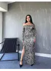 Omarı Leopar Desenli Maxi Boy Derin Yırtmaçlı Elbise