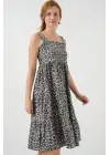 Desenli Askılı Midi Elbise 2577 - Antrasit