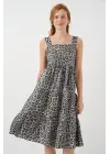 Desenli Askılı Midi Elbise 2577 - Antrasit