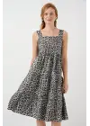 Desenli Askılı Midi Elbise 2577 - Antrasit