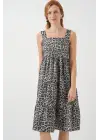 Desenli Askılı Midi Elbise 2577 - Antrasit
