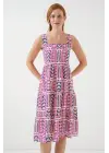 Desenli Askılı Midi Elbise 2577 - Fuşya