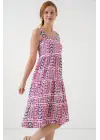 Desenli Askılı Midi Elbise 2577 - Fuşya