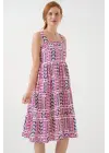 Desenli Askılı Midi Elbise 2577 - Fuşya
