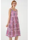 Desenli Askılı Midi Elbise 2577 - Fuşya