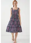 Desenli Askılı Midi Elbise 2577 - Lacivert