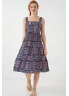 Desenli Askılı Midi Elbise 2577 - Lacivert