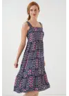 Desenli Askılı Midi Elbise 2577 - Lacivert