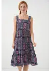 Desenli Askılı Midi Elbise 2577 - Lacivert