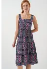 Desenli Askılı Midi Elbise 2577 - Lacivert