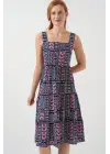 Desenli Askılı Midi Elbise 2577 - Lacivert