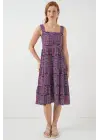 Desenli Askılı Midi Elbise 2577 - Mor