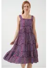 Desenli Askılı Midi Elbise 2577 - Mor
