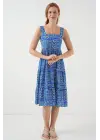 Desenli Askılı Midi Elbise 2577 - Saks